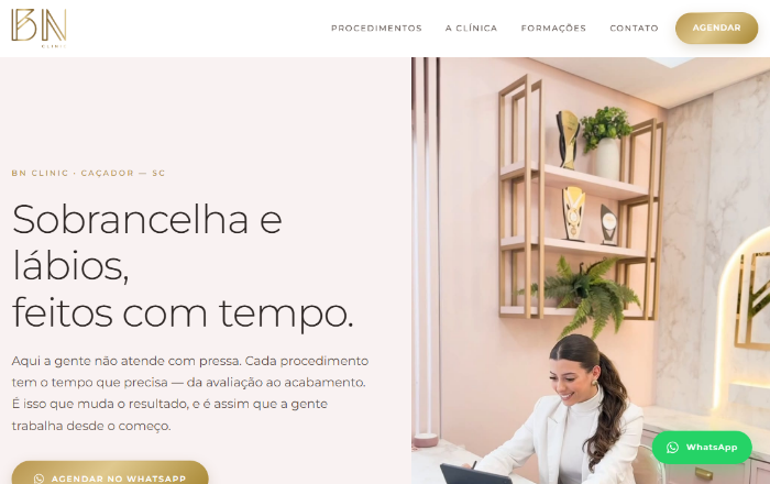 Site da BN Clinic, clínica de sobrancelha e lábios em Caçador/SC